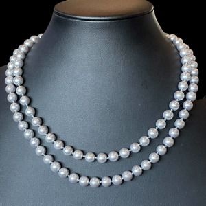 Kissaka Hand Knotted Faux Silver Gray Glass Pearl Single Strand Necklace 34” VTG